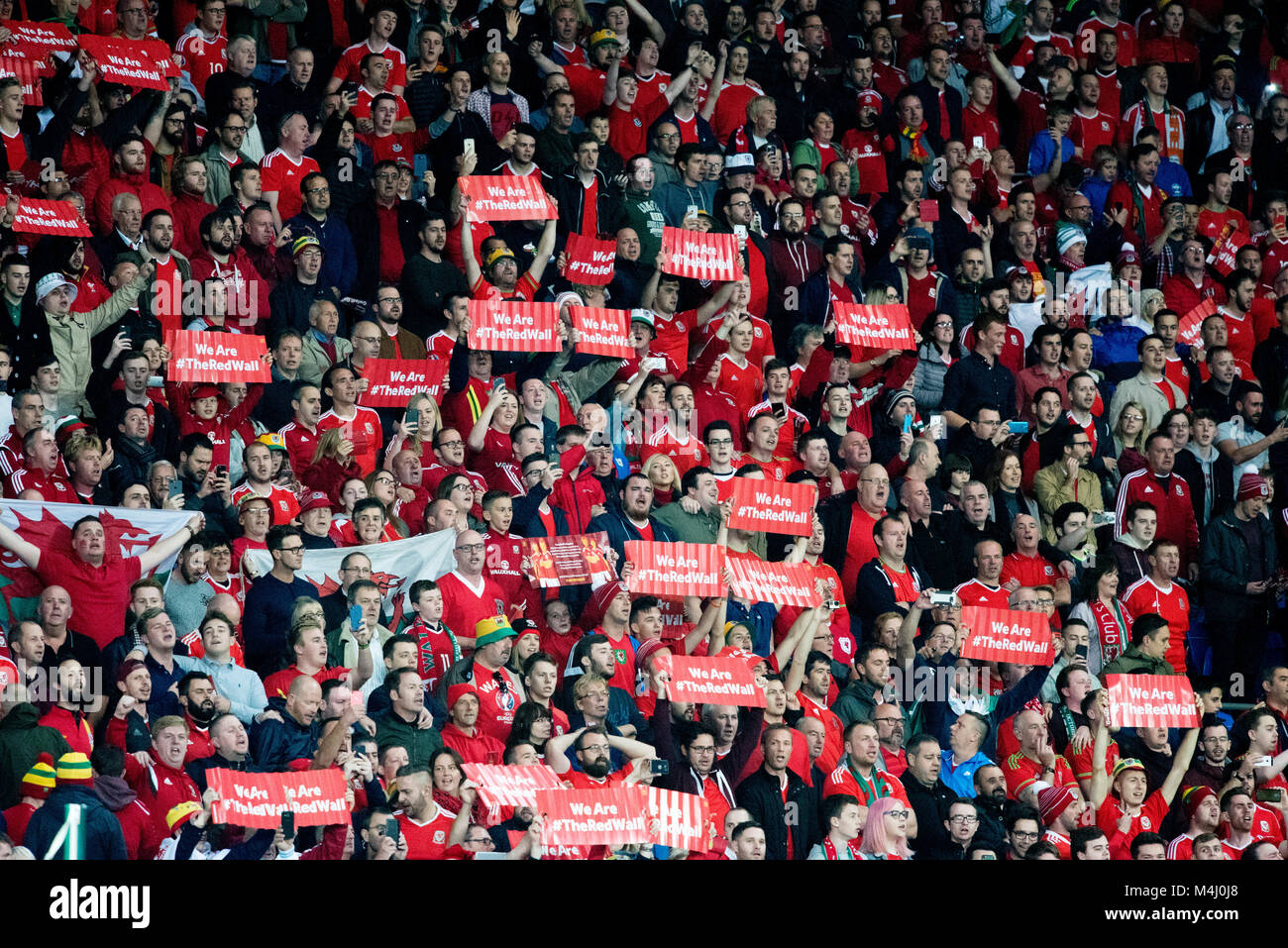 Welsh football fans at the Cardiff city stadium Stock Photo