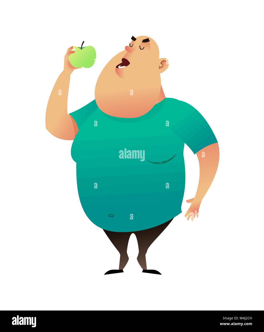 A fat man bites an apple. Useful habits and healthy eating concept. The fatty guy dreams of losing weight and chooses a healthy diet. Healthy lifestyle and proper nutrition lifestyle. Stock Vector