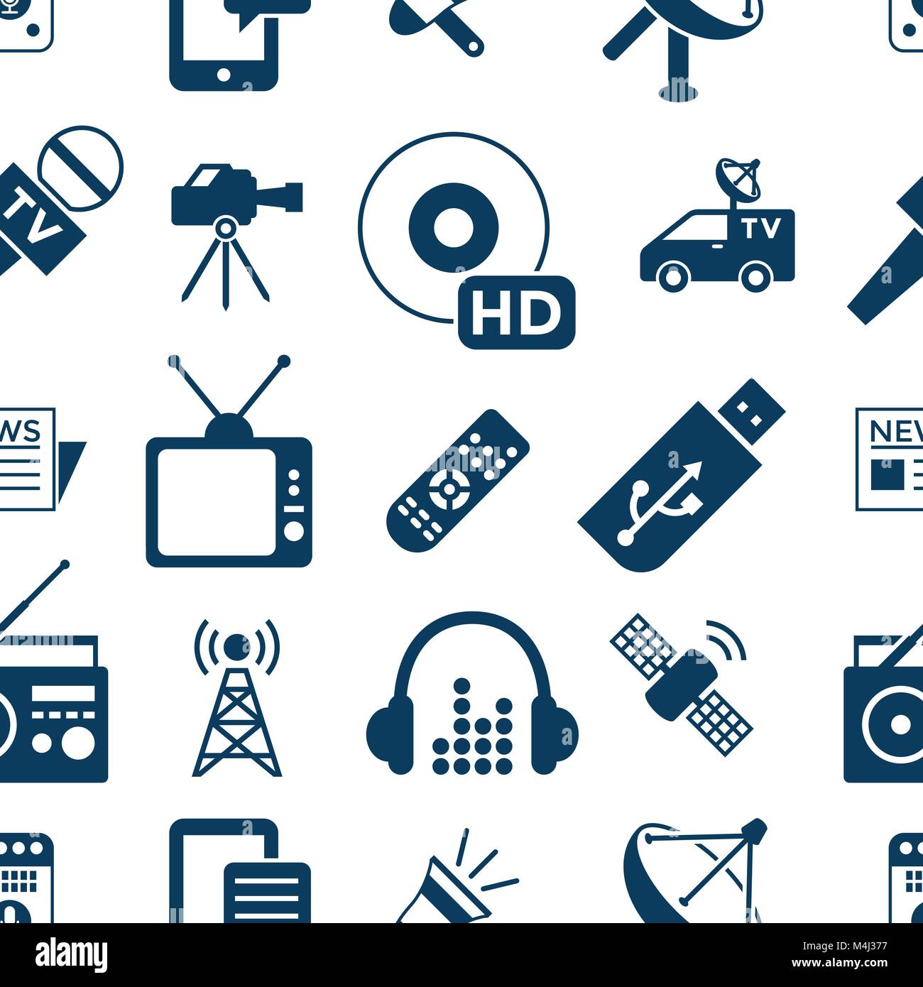 Digital mass media objects color simple flat icon set collection, isolated seamless pattern