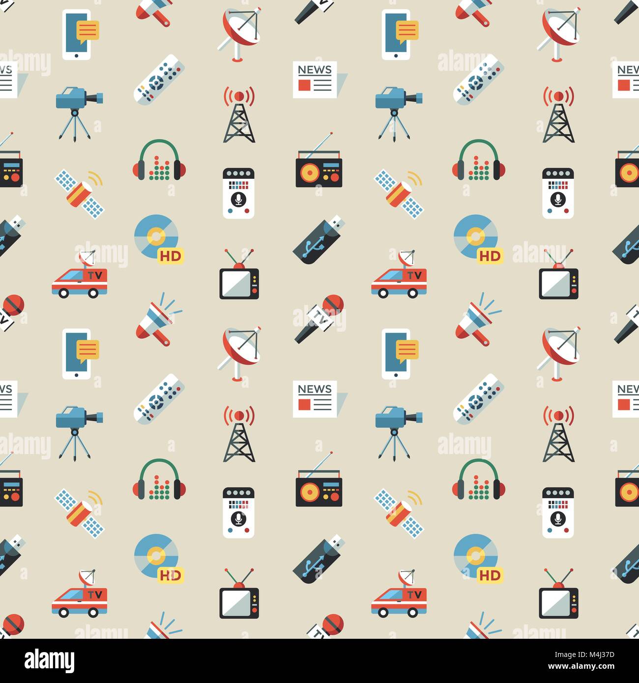 Digital mass media objects color simple flat icon set collection, isolated seamless pattern