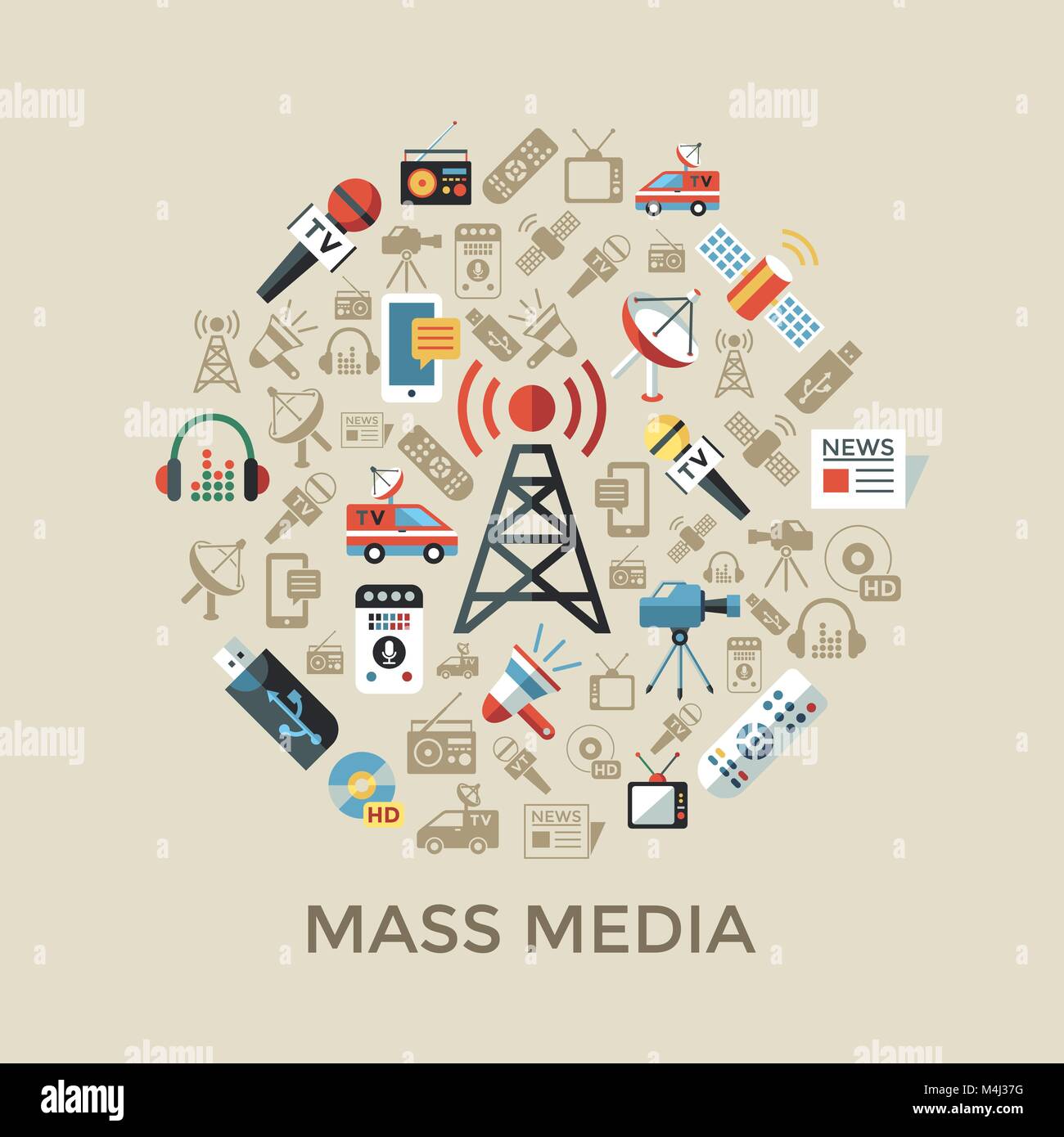 Digital mass media objects color simple flat icon set collection, isolated Stock Vector Image
