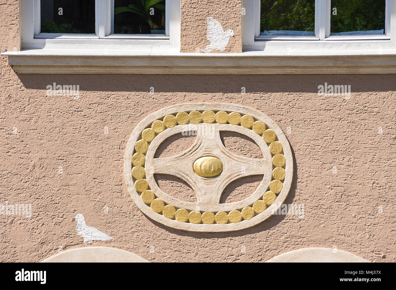 Decorative ornament on a historic residential house facade in Zwiesel, Bavarian Forest, Bavaria, Germany. Stock Photo