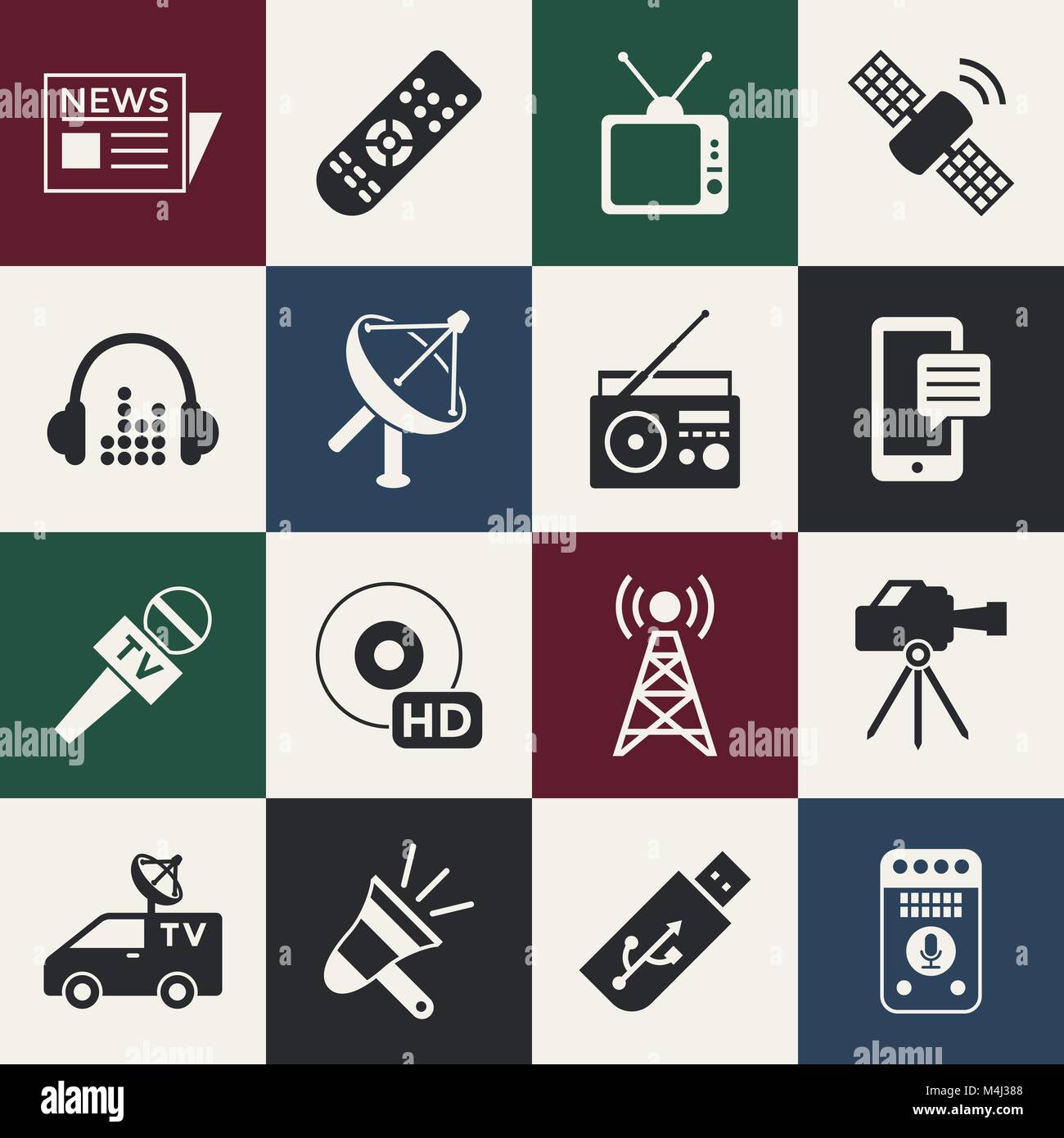 Digital mass media objects color simple flat icon set collection, isolated Stock Vector Image