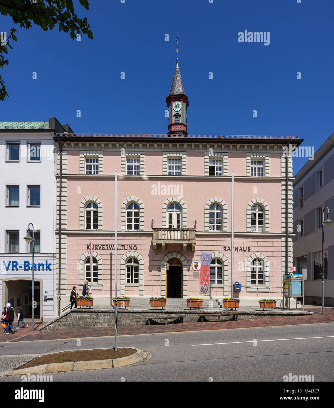 The town hall at the town square in Zwiesel, Bavarian Forest, Bavaria, Germany. Stock Photo
