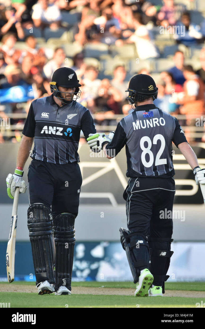 Auckland, New Zealand. 16th Feb, 2018. Colin Munro (r) and Martin Guptill (L) celebrates 100 runs partnership after being during the T20 Tri series between New Zealand and Australia at Eden Park in Auckland on Feb 16, 2018. Australia win by 5 wickets Credit: Shirley Kwok/Pacific Press/Alamy Live News Stock Photo