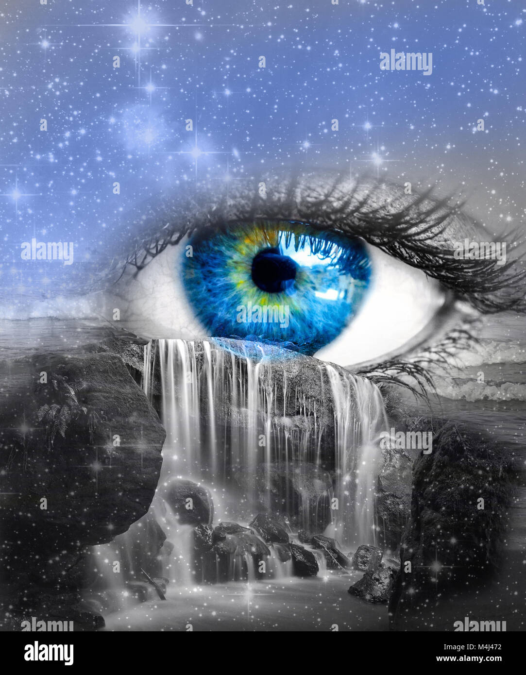 Blue eye crying like waterfall composition Stock Photo - Alamy