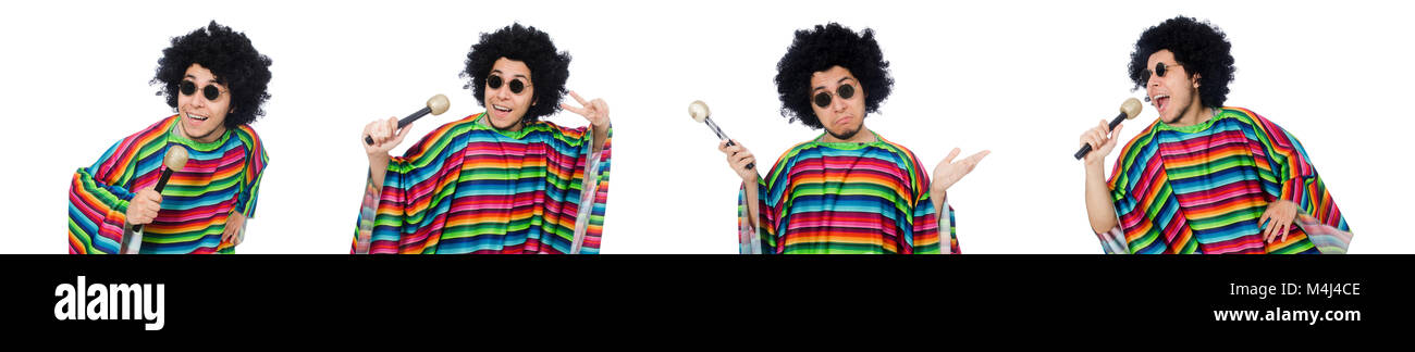 Funny mexican wearing poncho with maracas isolated on white Stock Photo