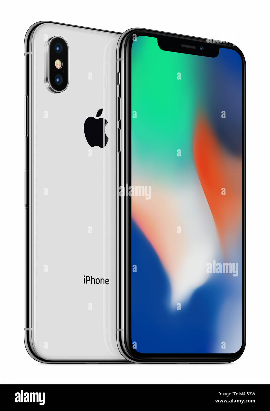 Turned Silver Apple iPhone X mockup front side and back side one above the other. Stock Photo