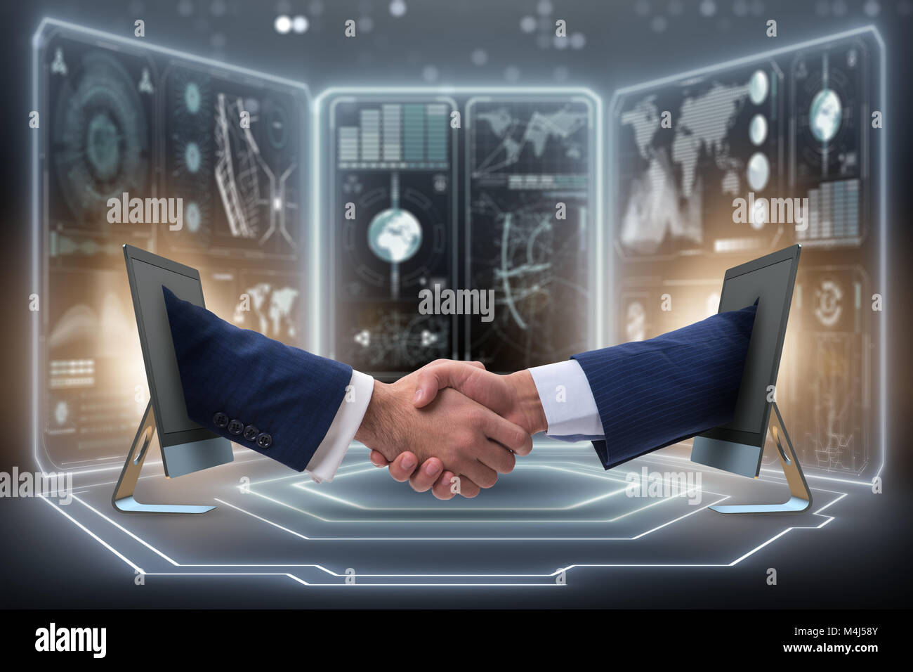 Computer Screen Handshake Two hands from screen in handshake concept Stock Photo - Alamy