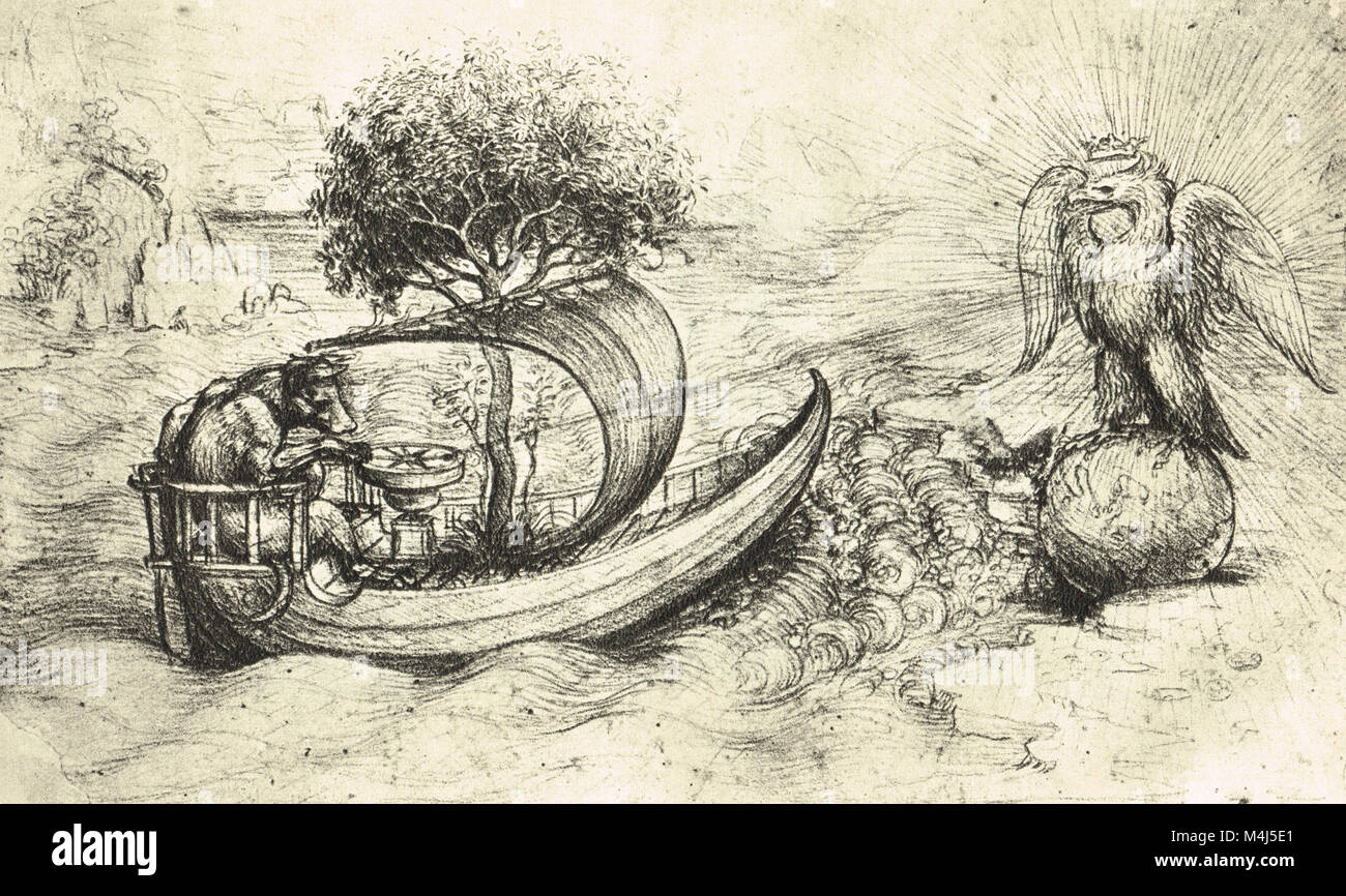 Unsolved allegory, a crowned Eagle standing on a globe and a Wolf steering a boat, drawn by Leonardo Da Vinci, circa 1510 Stock Photo