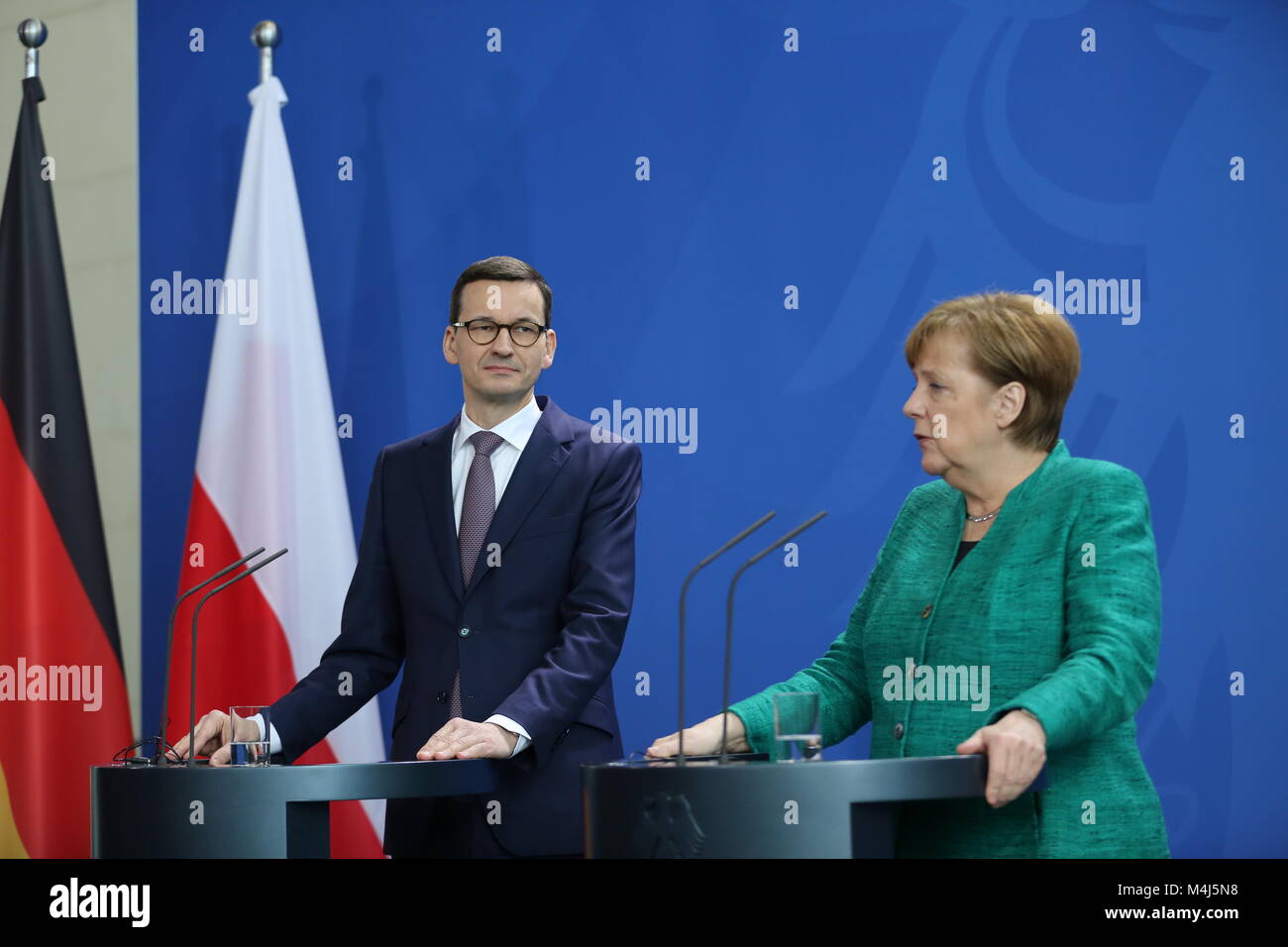 Berlin, Germany. 16th Feb, 2018. Berlin: Chancellor Angela Merkel and Prime Minister of the Republic of Poland, Mateusz Morawieck, at the Federal Chancellery press conference in Berlin. Credit: Simone Kuhlmey/Pacific Press/Alamy Live News Stock Photo