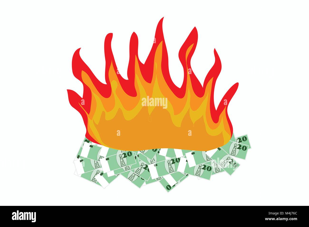 Illustration loss of much money, vector of burning paper money/ disinvestment/ wrong decision/ false investment/ spend money excessively/ crisis Stock Vector