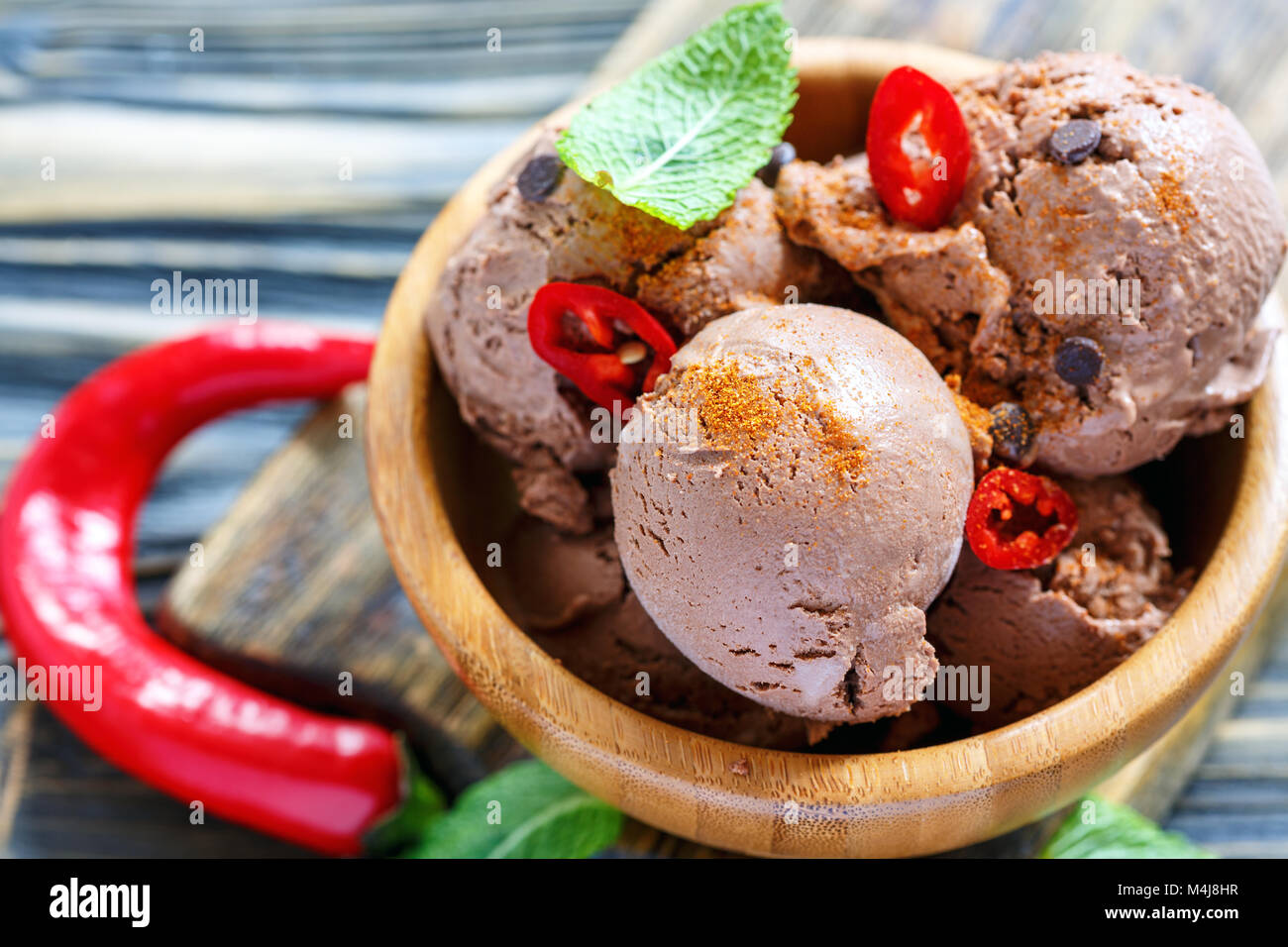 Homemade chocolate ice cream with chilli. Stock Photo