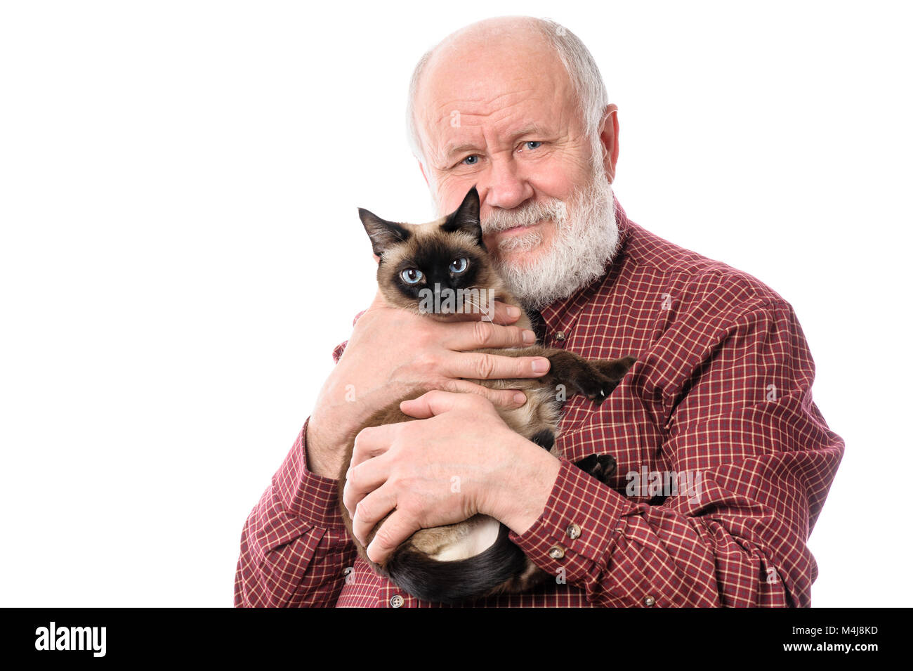 Cheerfull senior man with cat isolated on white Stock Photo