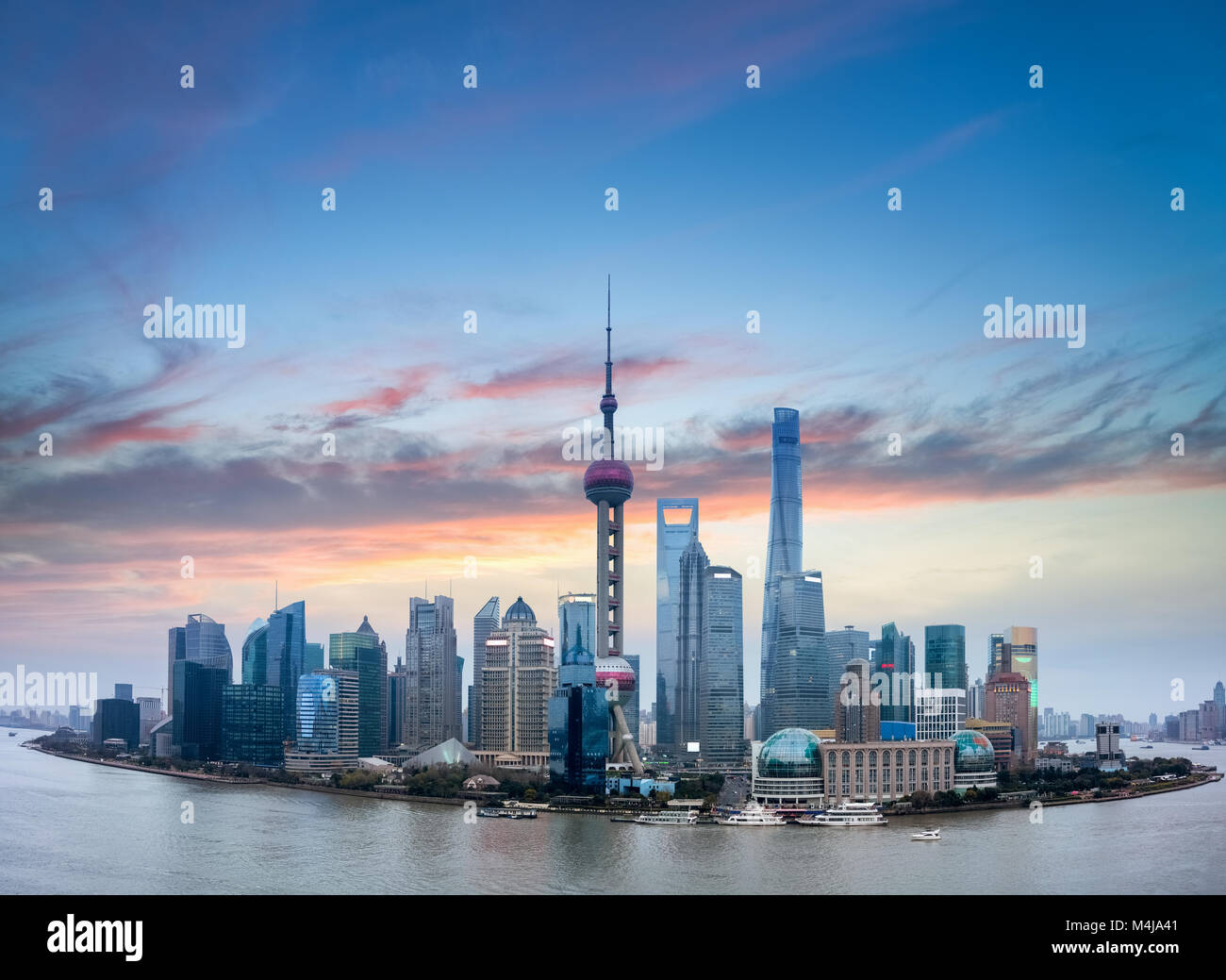 shanghai skyline with burning clouds Stock Photo