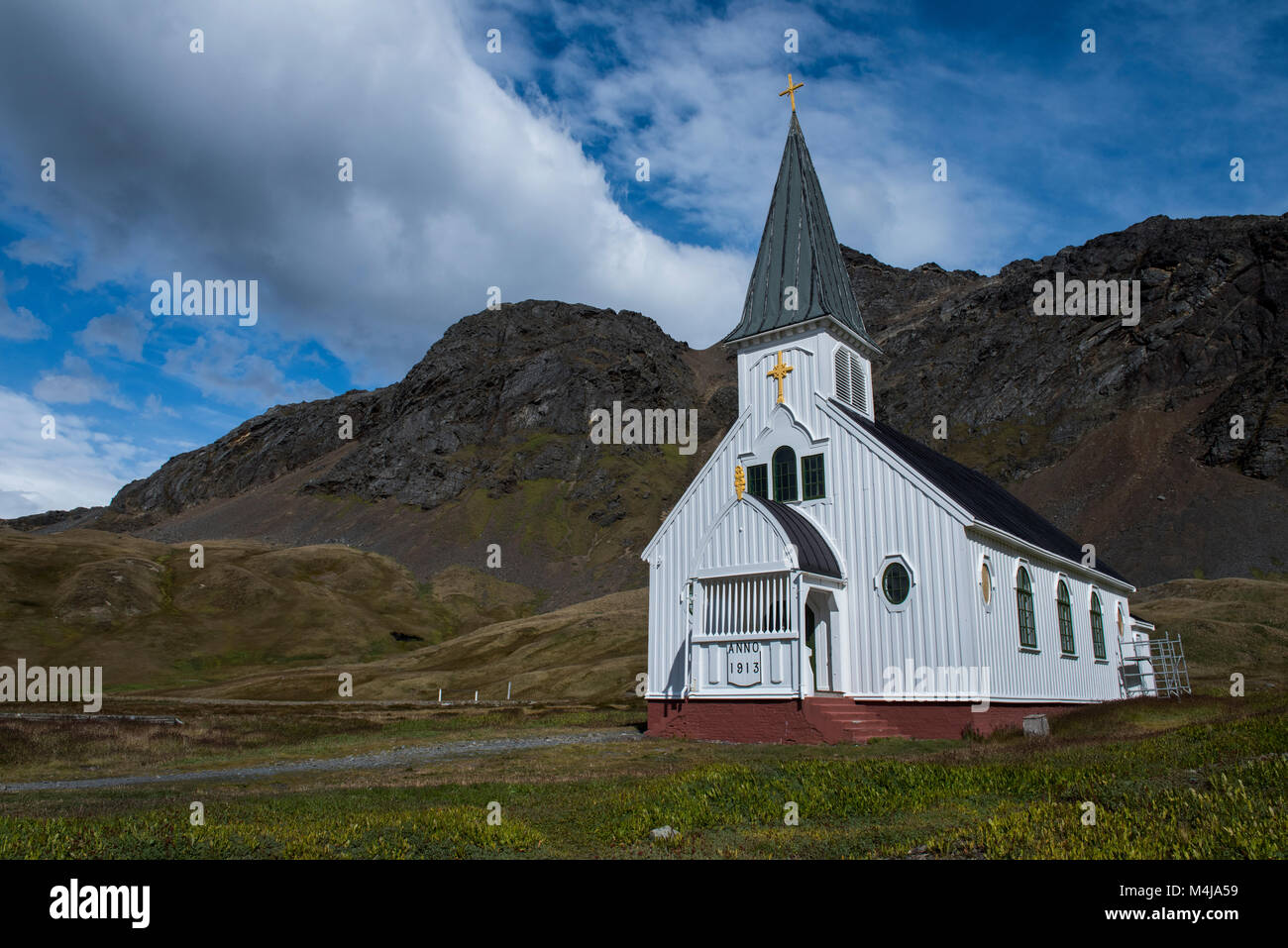British territory, South Georgia, King Edward Cove. Historic whaling settlement of Grytviken. The Church, aka the Whalers Church, is one of the most s Stock Photo