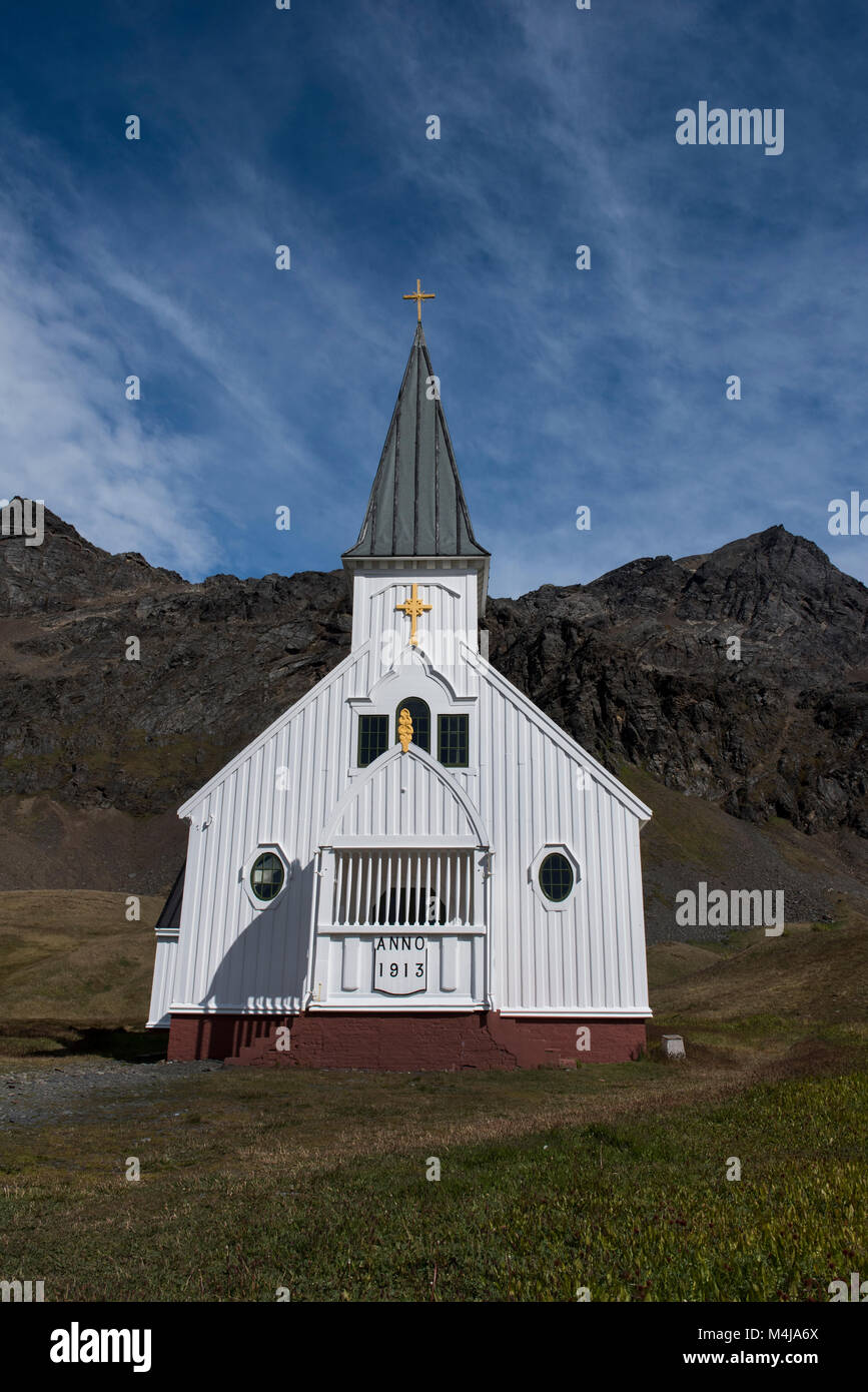 British territory, South Georgia, King Edward Cove. Historic whaling settlement of Grytviken. The Church, aka the Whalers Church, is one of the most s Stock Photo