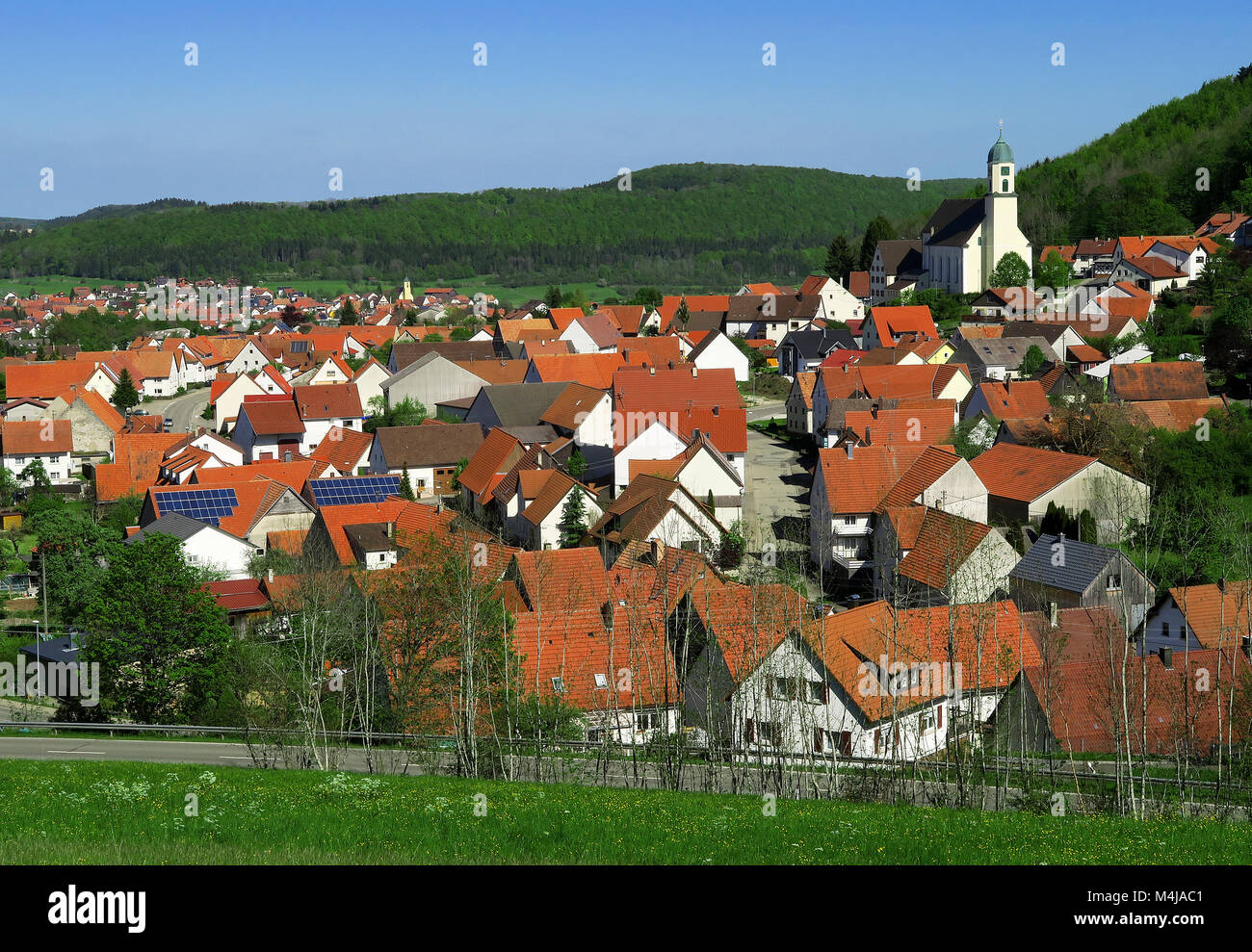 swabian alb; church; village; Germany; Europe; Stock Photo