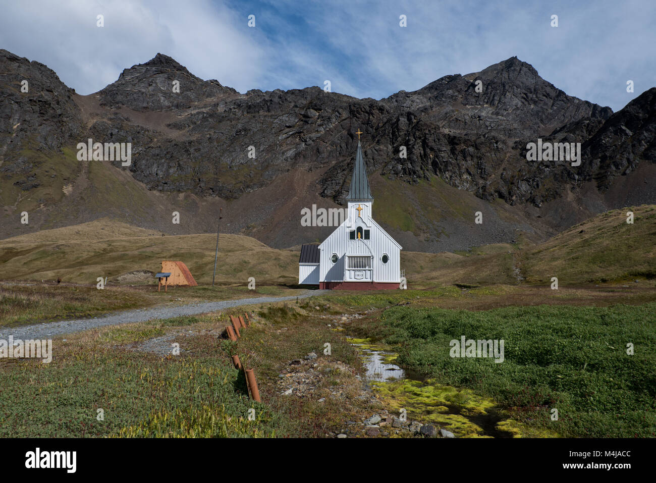 British territory, South Georgia, King Edward Cove. Historic whaling settlement of Grytviken. The Church, aka the Whalers Church, is one of the most s Stock Photo