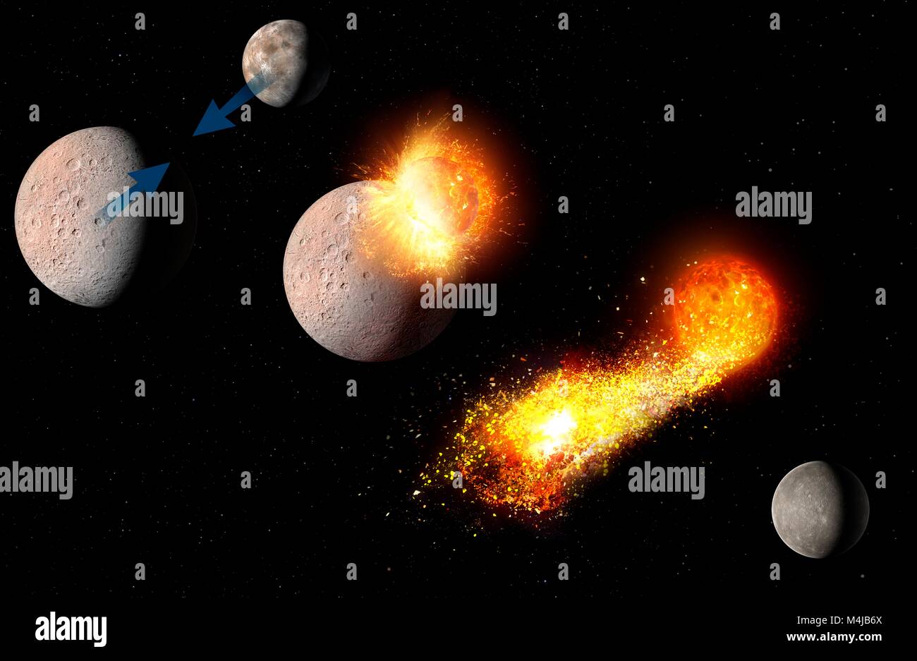 Evolution of Mercury, illustration. The innermost planet, Mercury, has a very substantial iron core, occupying much of the planetâ€™s interior. It is far larger compared to the radius of the planet than the iron core of Earth, for example. Astronomers think this is because, shortly after the planet formed, more than four billion years ago, it was hit by another planet, as depicted in this illustration. (1) The impacting planet approaches the proto-Mercury. (2) The objects collide, an impact which removes Proto-Mercuryâ€™s outer, rocky mantle, but leaves its iron core largely intact. Stock Photo