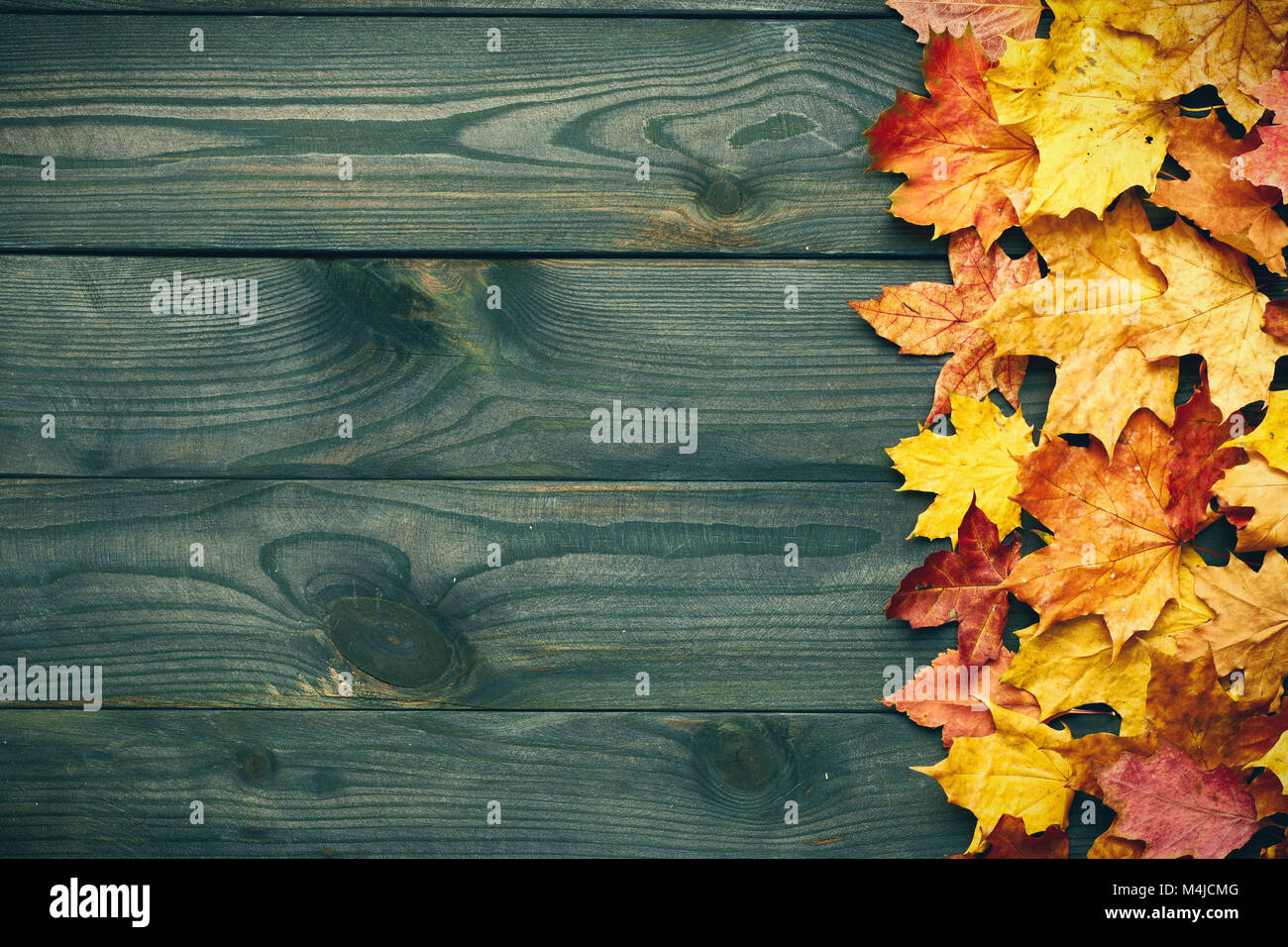 Wooden background with autumn leaves Stock Photo - Alamy