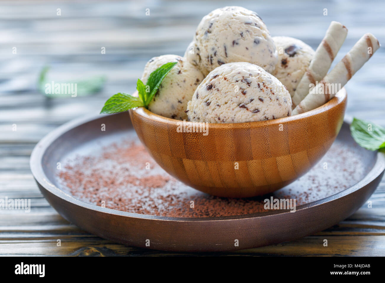 Vanilla ice cream with chocolate crumb. Stock Photo