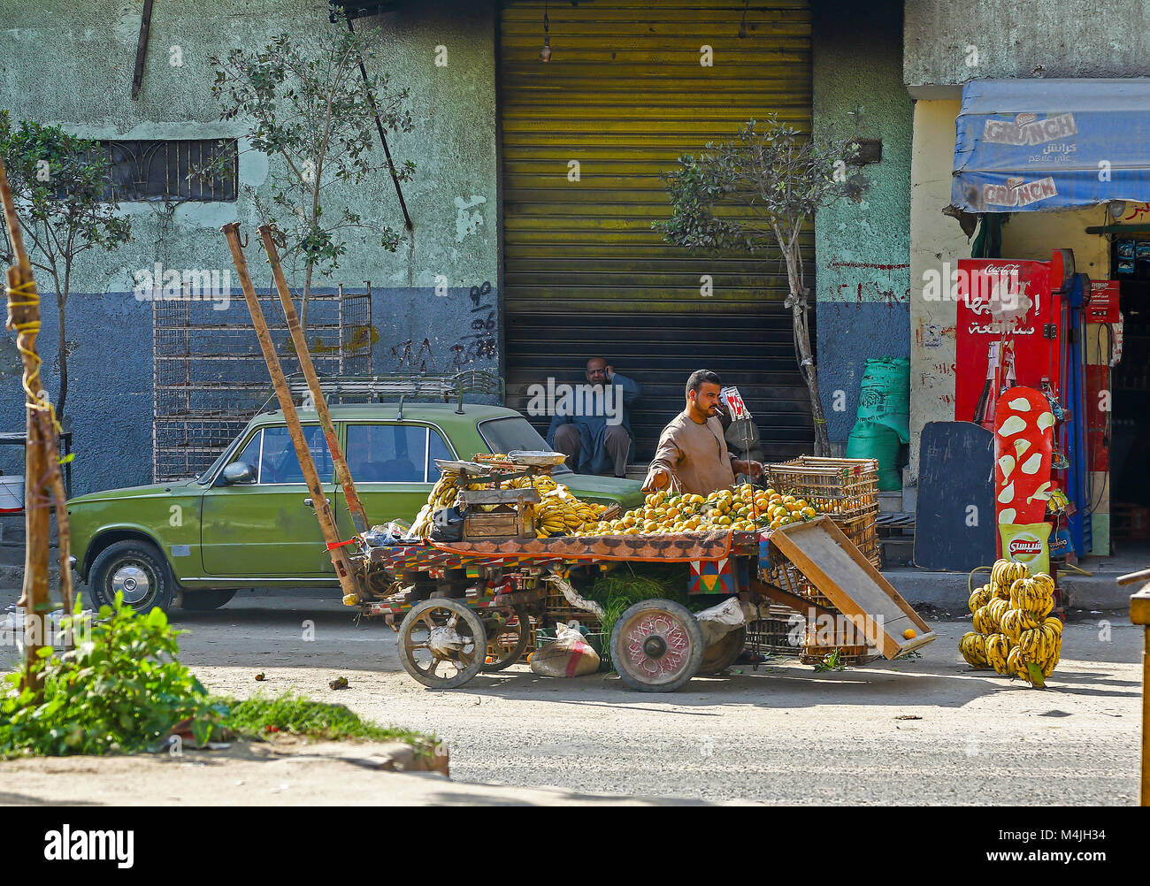 An Egyptian man selling fruit off the back of a cart in the street at Giza, Egypt, North Africa Stock Photo