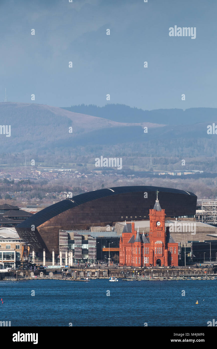 A view across Cardiff Bay towards the Pierhead Building and Wales Millennium Centre from the Penarth headland Stock Photo