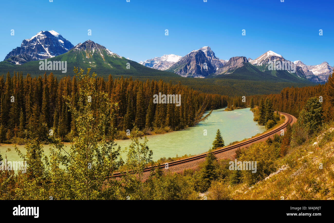 Panorama of Morant's Curve in Bow Valley in Banff National Park Stock Photo