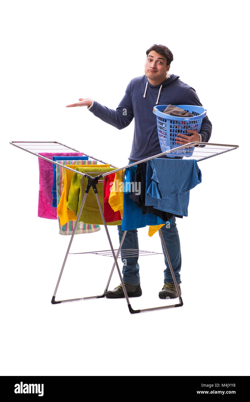 Husband man doing laundry isolated on white Stock Photo Alamy