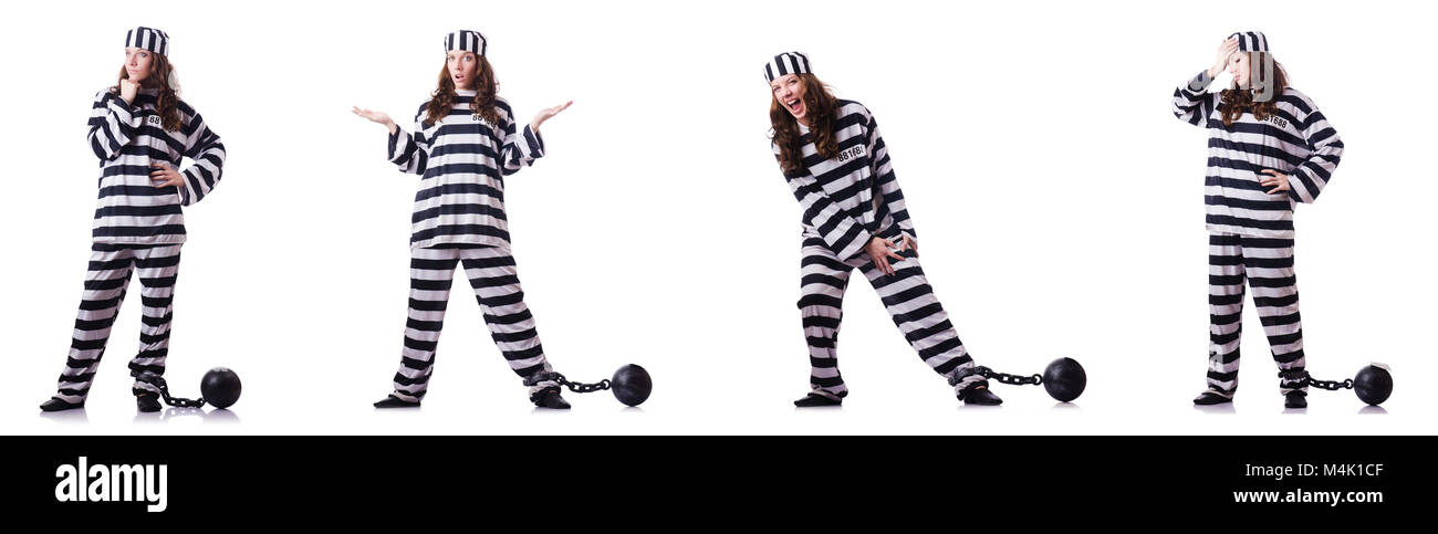 Prisoner in striped uniform on white Stock Photo