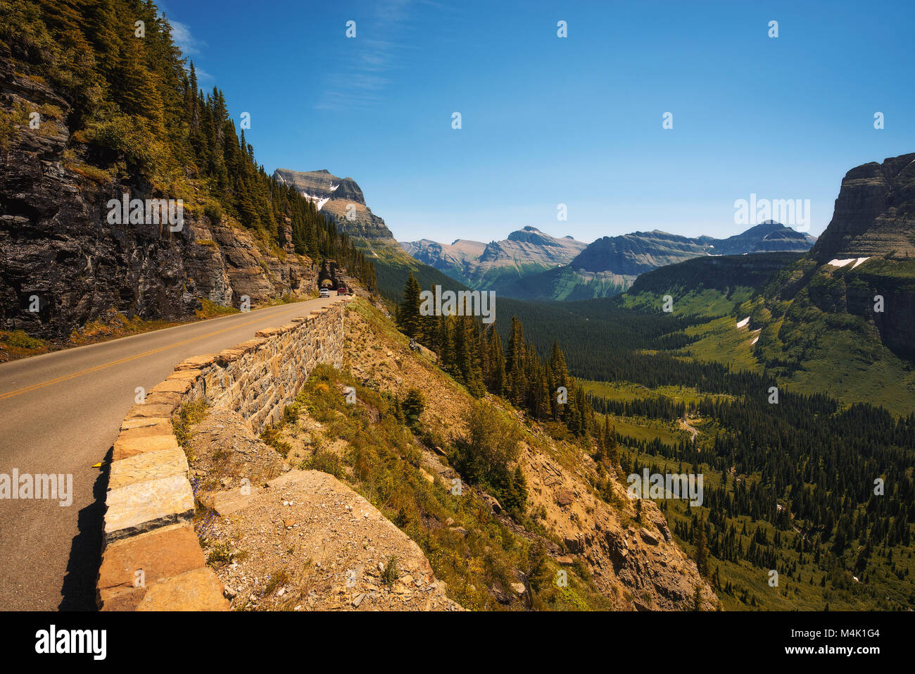 Going to the Sun Road with panoramic view of Glacier National Park Stock Photo