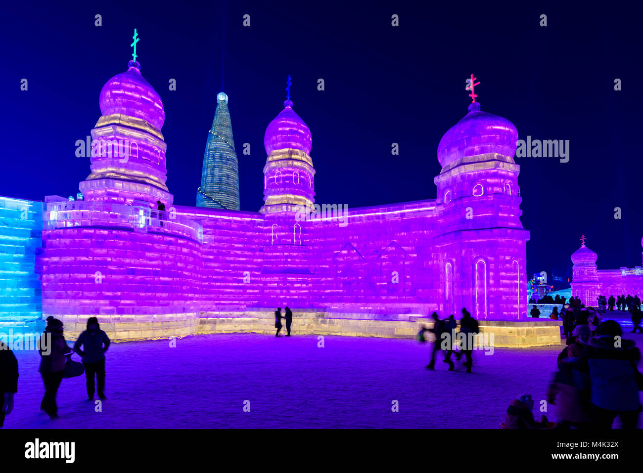 Harbin, Heilongjiang, China is host to world renown Ice Sculpture Festival that is held every year during winter. Stock Photo