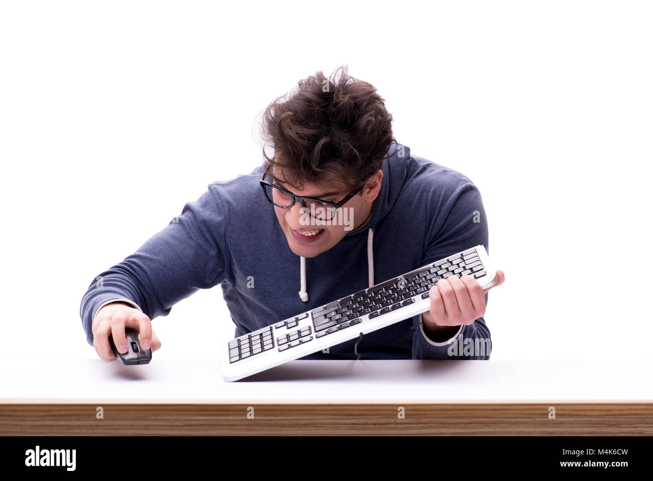 Funny nerd man working on computer isolated on white Stock Photo - Alamy