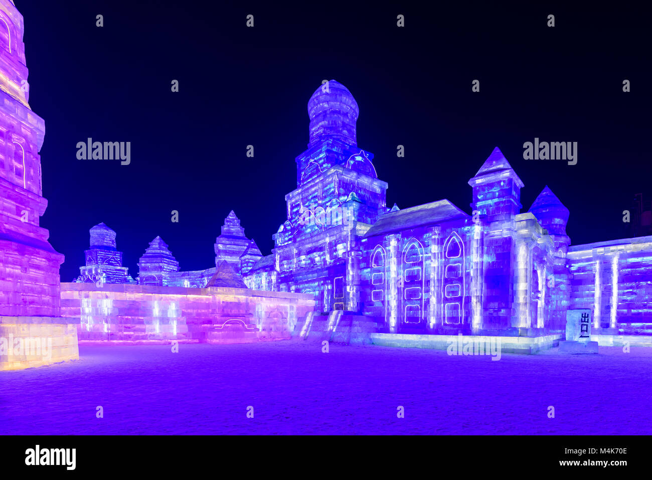 Harbin, Heilongjiang, China is host to world renown Ice Sculpture Festival that is held every year during winter. Stock Photo