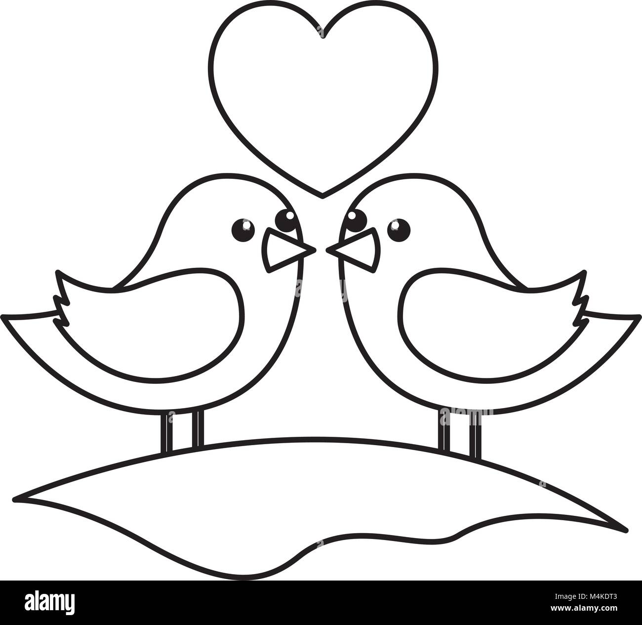 cute couple birds togehther with heart in the field Stock Vector