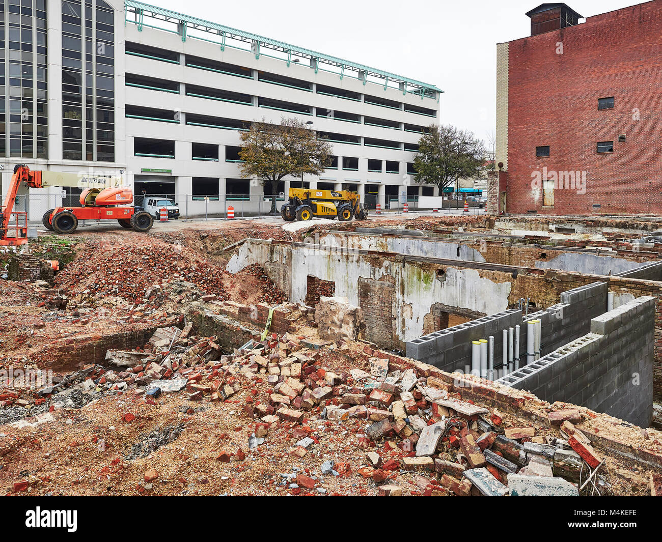 Demolition of an old brick building for remodeling in an urban redevelopment project in downtown Montgomery, Alabama USA. Stock Photo
