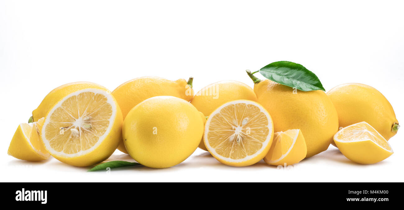 Horizontal Lemon Lot of lemon fruits with lemon leaf isolated. Horizontal photo Stock ...