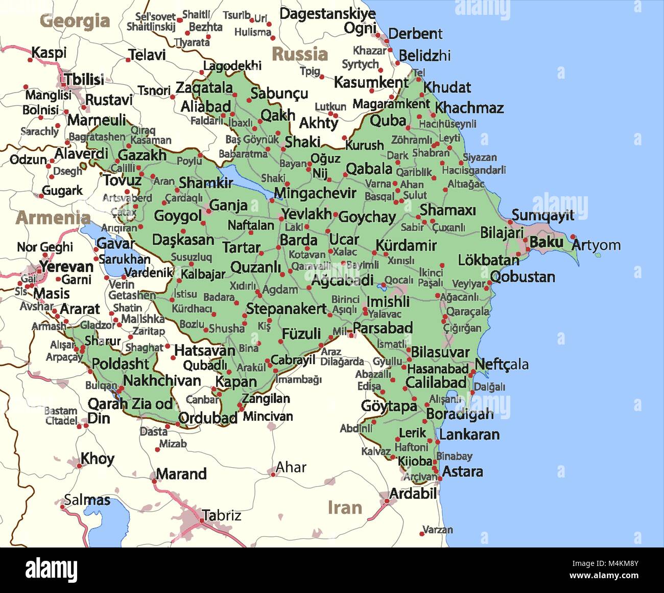 Map of Azerbaijan. Shows country borders, urban areas, place names and roads. Labels in English where possible. Projection: Mercator. Stock Vector
