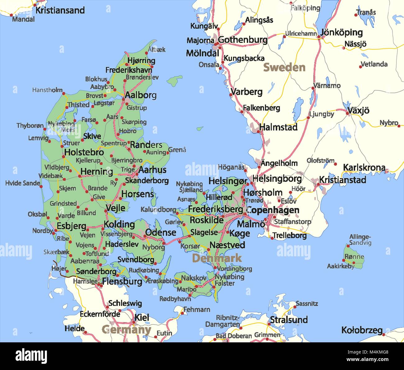 Map of Denmark. Shows country borders, urban areas, place names and
