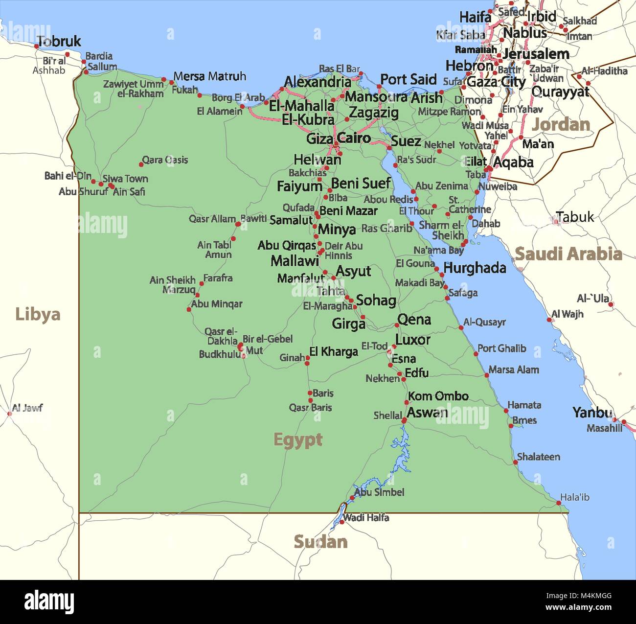 Map of Egypt. Shows country borders, urban areas, place names and roads. Labels in English where