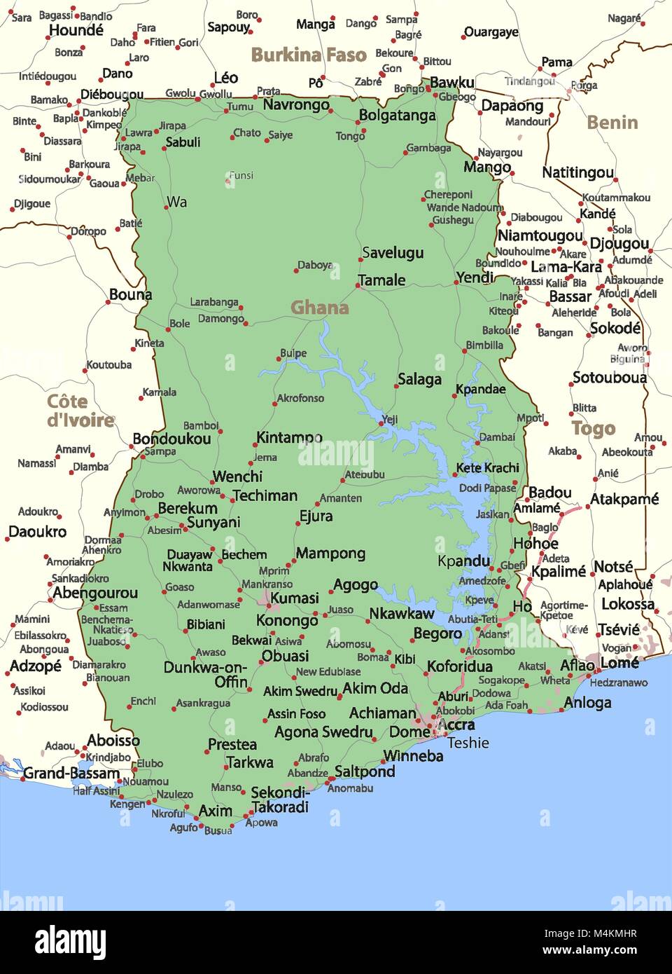 Map of Ghana. Shows country borders, urban areas, place names and roads. Labels in English where