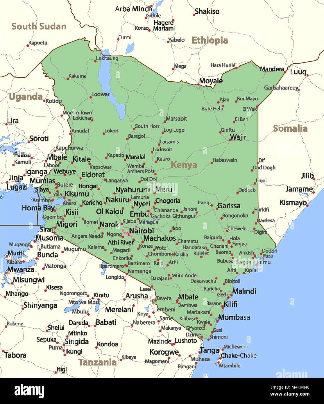 Map Of Kenya And Surrounding Countries Map Of Kenya. Shows Country Borders, Urban Areas, Place Names And Roads.  Labels In English Where Possible. Projection: Mercator Stock Vector Image &  Art - Alamy