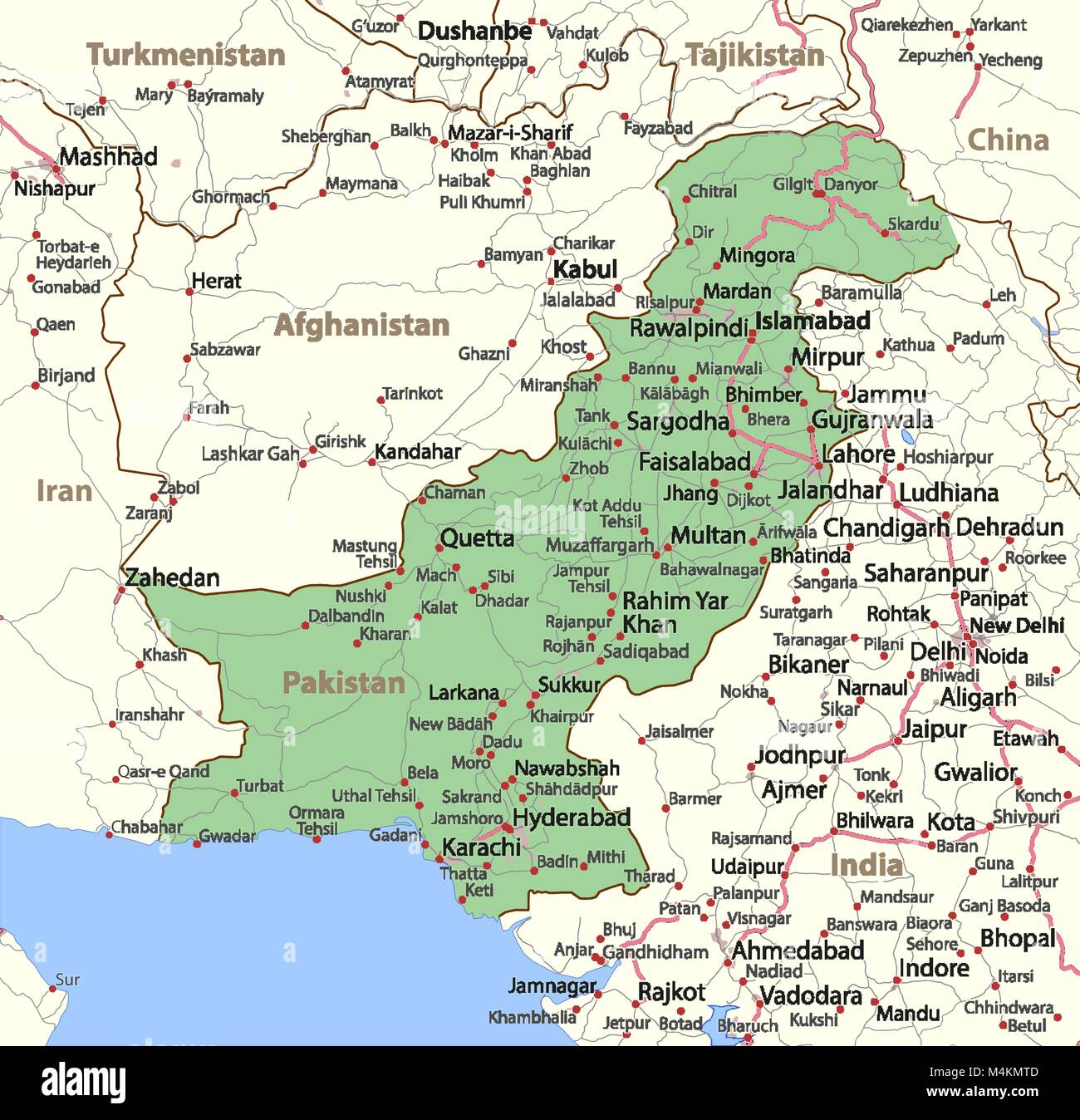 Map of Pakistan. Shows country borders, urban areas, place names and roads. Labels in English where possible. Projection: Mercator. Stock Vector