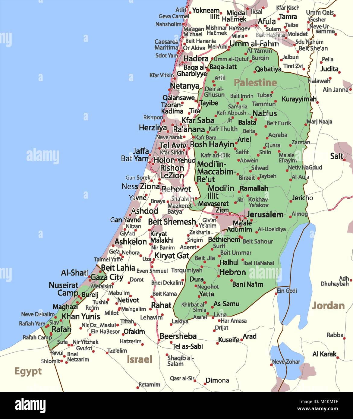 Map of Palestine. Shows country borders, urban areas, place names and