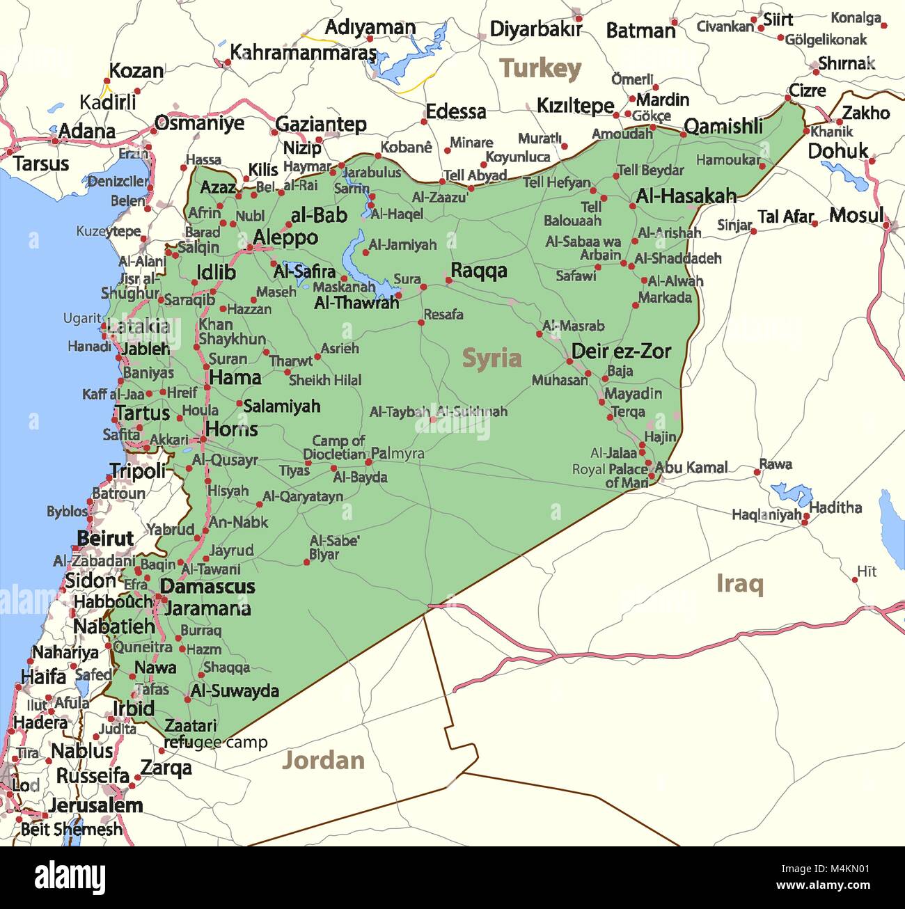 Map of Syria. Shows country borders, urban areas, place names and roads. Labels in English where possible. Projection: Mercator. Stock Vector