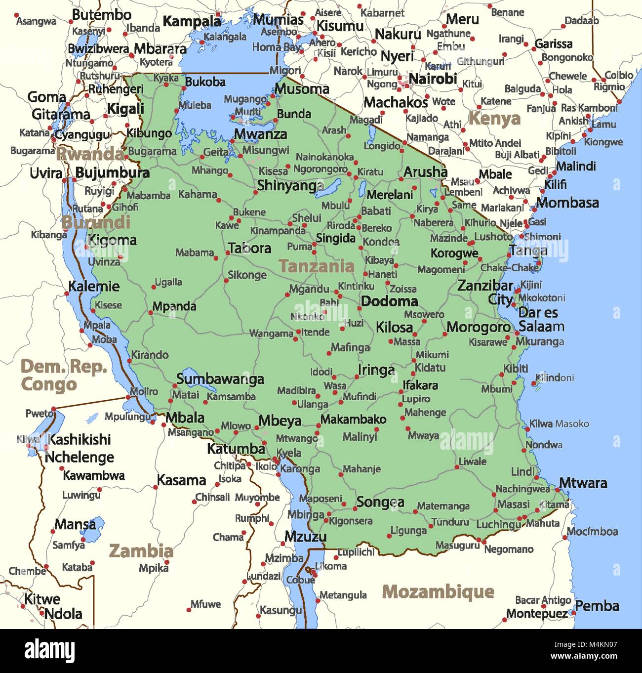 Map of Tanzania. Shows country borders, urban areas, place names and roads. Labels in English where possible. Projection: Mercator. Stock Vector