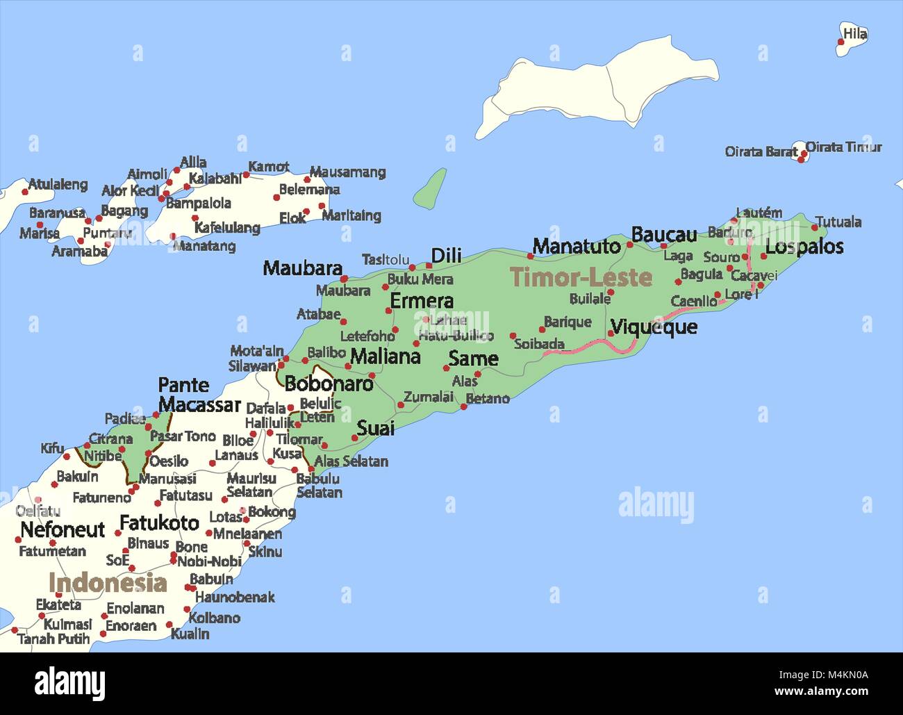 Map of Timor-Leste. Shows country borders, urban areas, place names and roads. Labels in English where possible. Projection: Mercator. Stock Vector