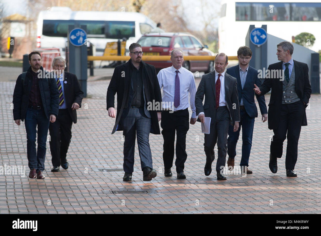 UKIP leader Henry Bolton (third right) arrives at the ICC in Birmingham as the UKIP EGM decide his future as leader. Stock Photo