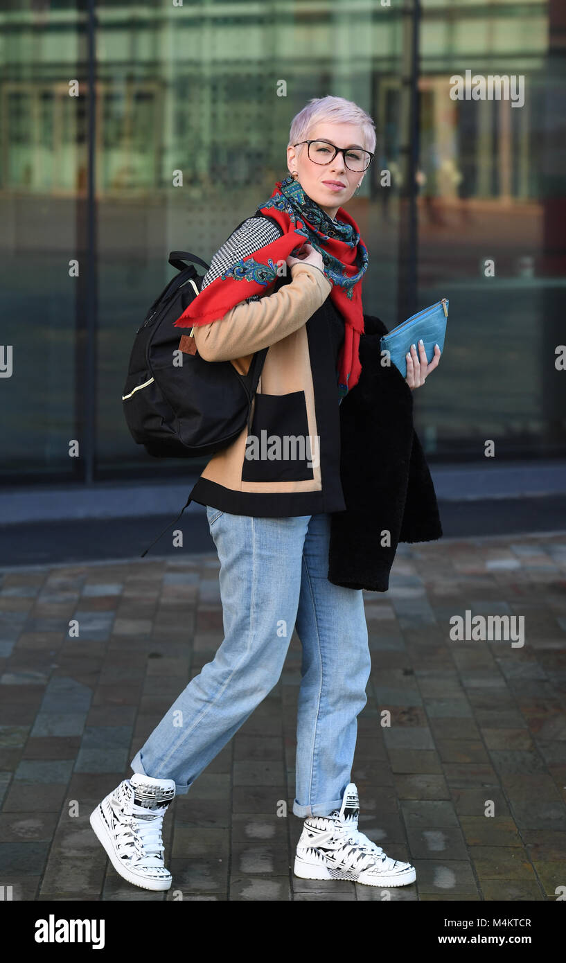 SuRie - real name Susanna Cork spotted leaving the BBC Breakfast Studios at Media City Manchester. Stock Photo